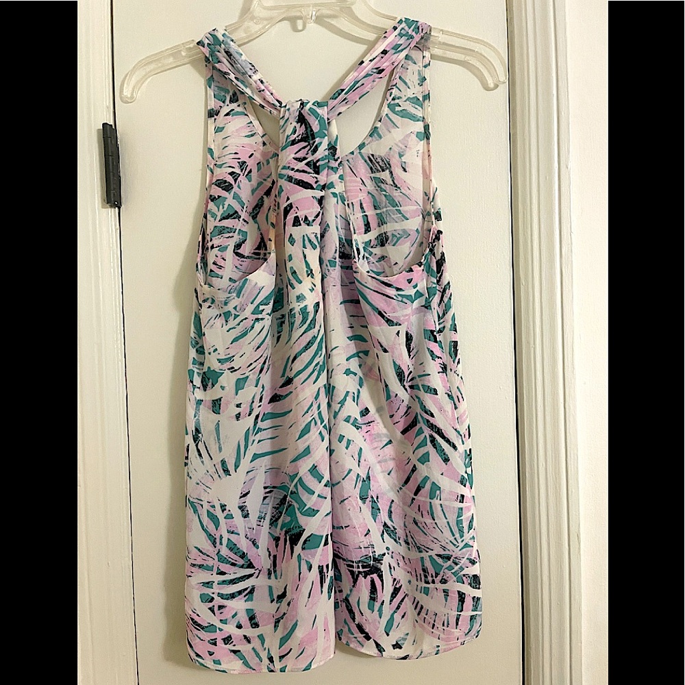 Palm Print Women’s Top - Green/Teal, White and Pink